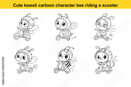Bundle Cute kawaii cartoon character bee riding a scooter