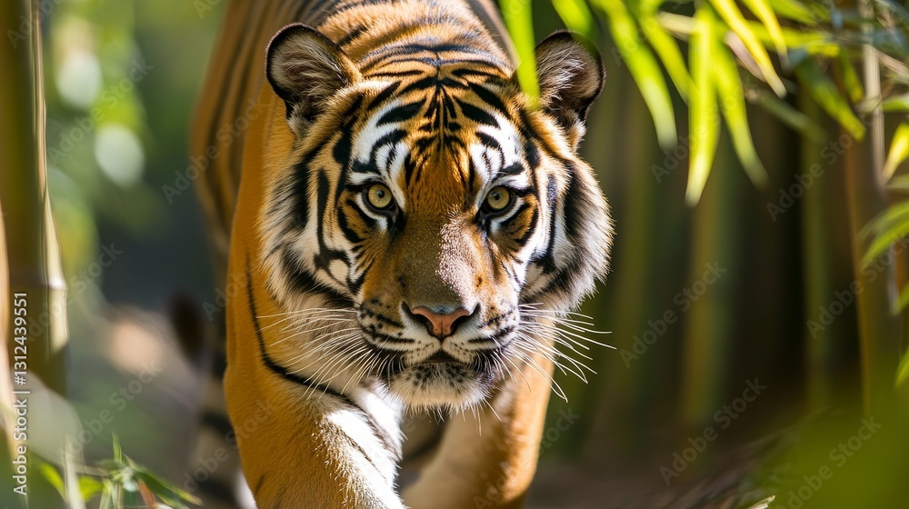 Obraz premium Majestic tiger prowling through lush bamboo forest, showcasing its striking features and power