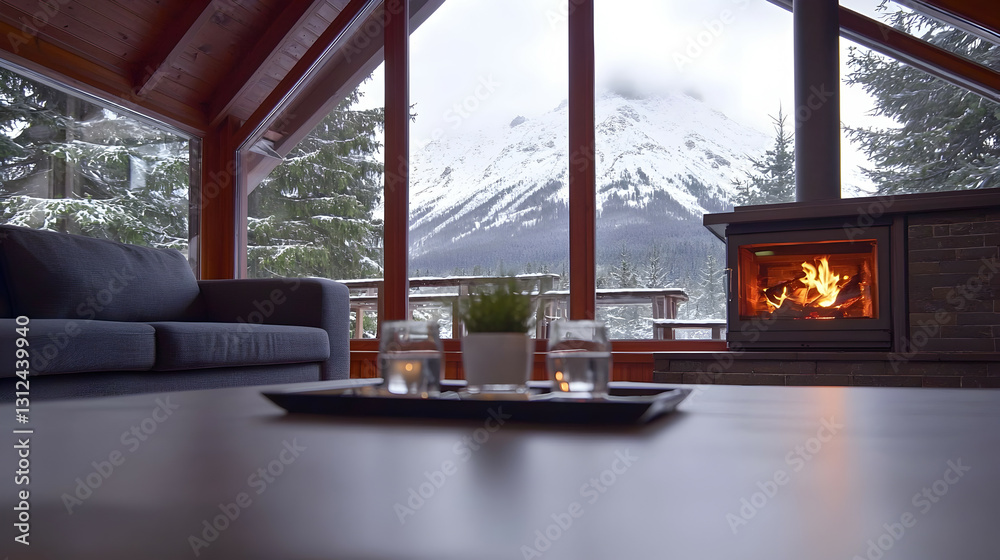 A cozy interior with mountain views and a warm fireplace