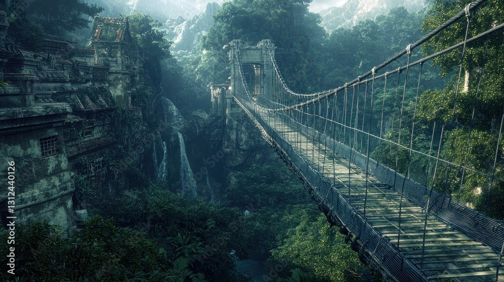 Obraz premium Ruined Asian village, jungle, suspension bridge, waterfall