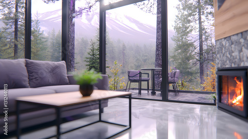 Obraz na płótnie Modern living room with a stunning view of the mountains w salonie