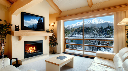 Obraz na płótnie Warm and cozy living room with scenic snowy mountain view w salonie
