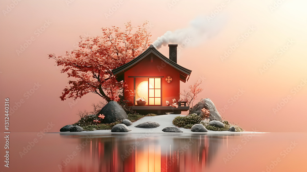 A serene Japanese house sits on a small island surrounded by water