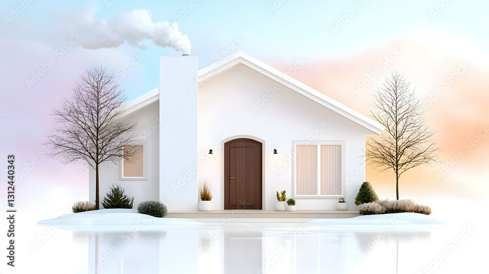 A Minimalist White House with Chimney in a Winter Landscape