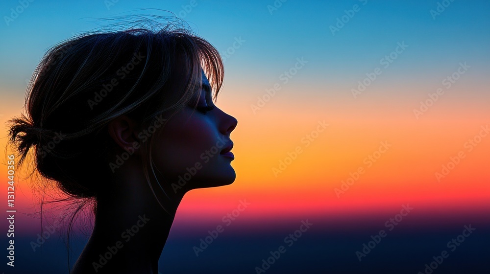 Silhouette of a woman at sunset, peaceful and serene Silhouette of a woman at sunset, peaceful and serene