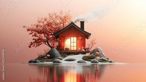 Obraz na płótnie A serene Japanese house sits on a small island surrounded by water w salonie