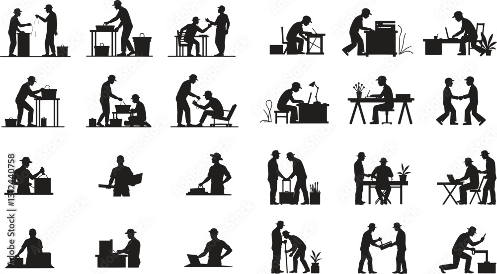 Obraz premium Work Activity Silhouette Set Collection Vector Illustration 