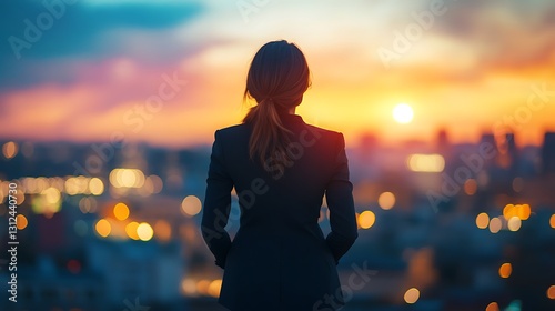 A business woman is viewing the cityscape during a beautiful sunset