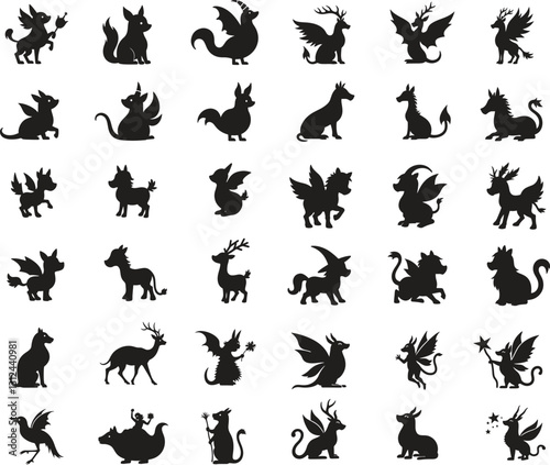 Collection of beautiful fantasy animal icon vector illustration silhouette design isolated on white background