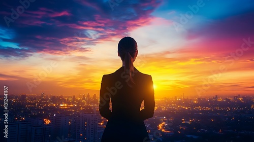 Woman overlooks a city skyline under beautiful vibrant sunset colors