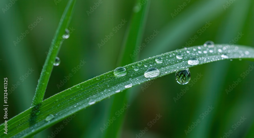 Obraz premium Water Droplets on Green Grass Blade Fresh Morning Dew Closeup