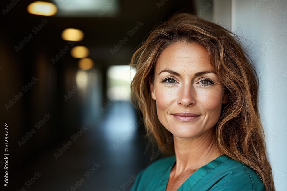 Confident doctor smiling in hospital corridor, copy space Confident doctor smiling in hospital corridor, copy space