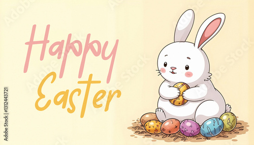 illustration of white easter bunny with eggs on easter holiday