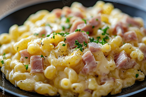 Coquillettes with ham, creamy texture, and vibrant pasta dish illuminated by natural light