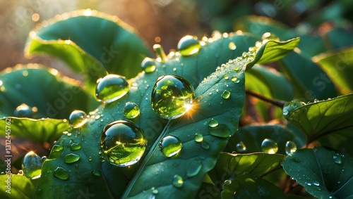 BACKGROUND and TEXTURE. Large drops of water sparkling on rich green leaves like precious stones.