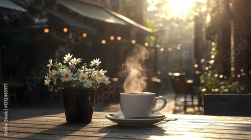 Obraz na płótnie A steaming coffee cup and flowers on a wooden table outside w salonie