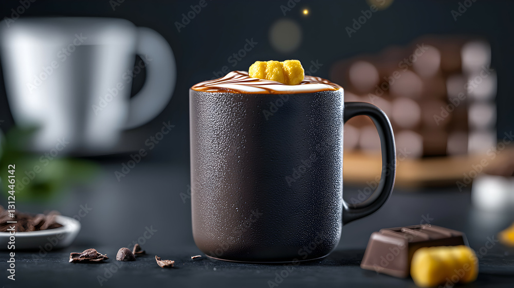A ceramic mug of hot beverage with a sweet topping