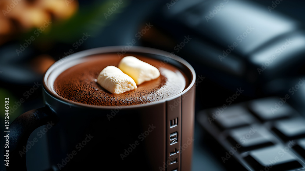 A warm cup of hot chocolate with marshmallows on top