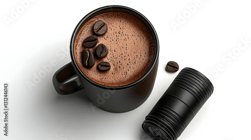 Obraz na płótnie A black coffee mug with coffee and coffee beans on white surface w salonie