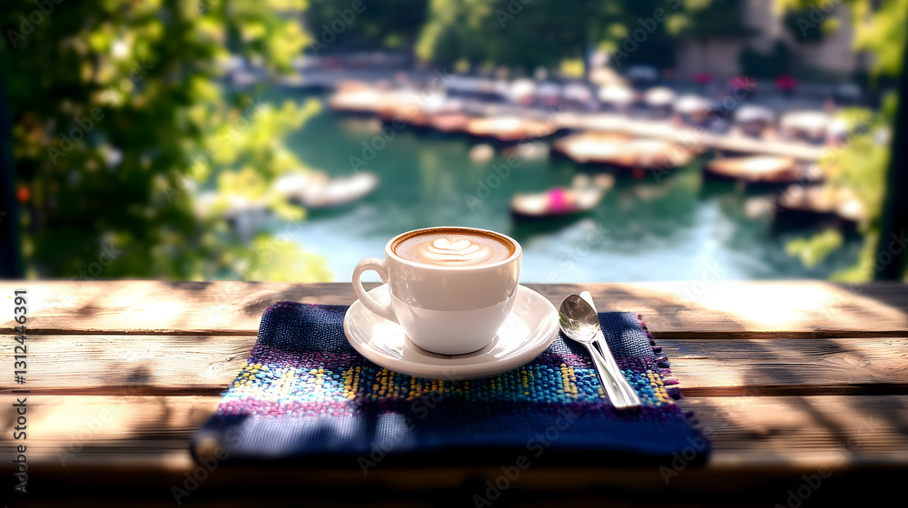 A coffee cup sits on a wooden table overlooking a lake