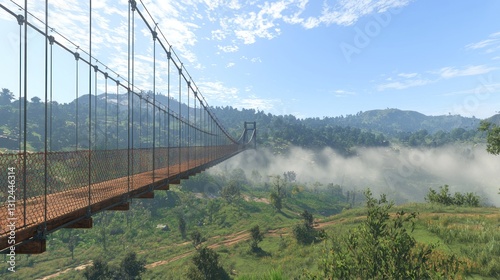 Wooden suspension bridge over misty mountains