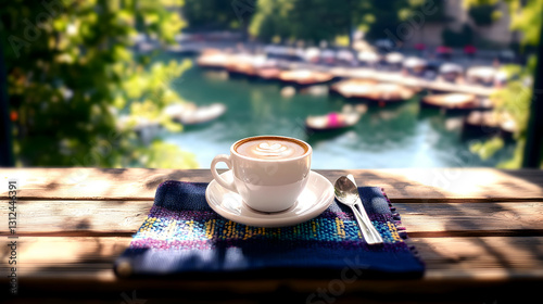 Obraz na płótnie A coffee cup sits on a wooden table overlooking a lake w salonie