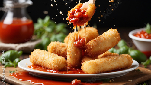 A Tempting Image of Fried Mozzarella Sticks Splashing, Ideal for Appetizers and Snacks
