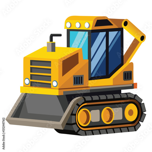 A cartoon illustration of a yellow bulldozer with a tracked chassis and a large blade