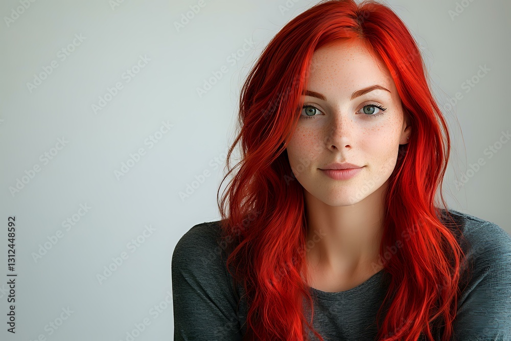 Young woman with vibrant red hair and green eyes wearing dark sweater against light background, natural makeup and gentle smile, looking at camera. Young woman with vibrant red hair and green eyes wearing dark sweater against light background, natural makeup and gentle smile, looking at camera.