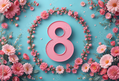 Beautiful and Meaningful Illustration of Number 8 with Floral Decorations for Women's Day Celebration with Ample Copy Space