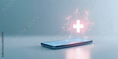 Glowing medical cross hologram floating above smartphone on blue background, futuristic healthcare technology concept for telemedicine and digital health services.