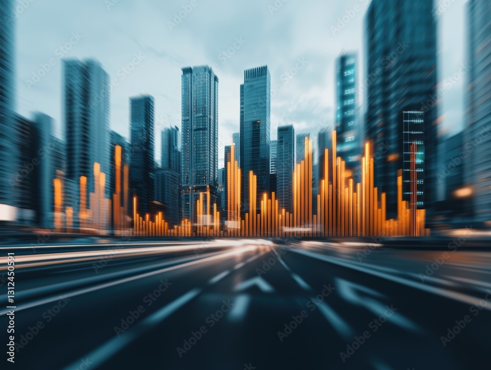 Urban Skyline with Blurred Traffic and Data Visualization Effect Urban Skyline with Blurred Traffic and Data Visualization Effect