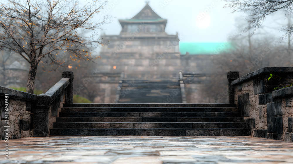 Stone stairs leading towards a distant traditional architectural structure