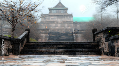 Obraz na płótnie Stone stairs leading towards a distant traditional architectural structure w salonie