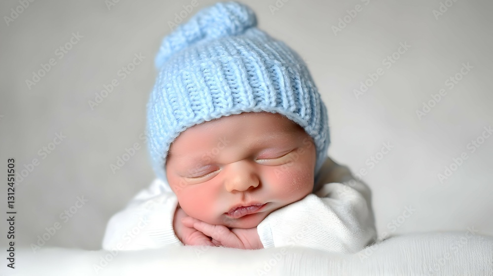 Sleeping Newborn Baby in a Light Blue Knit Hat Sleeping Newborn Baby in a Light Blue Knit Hat