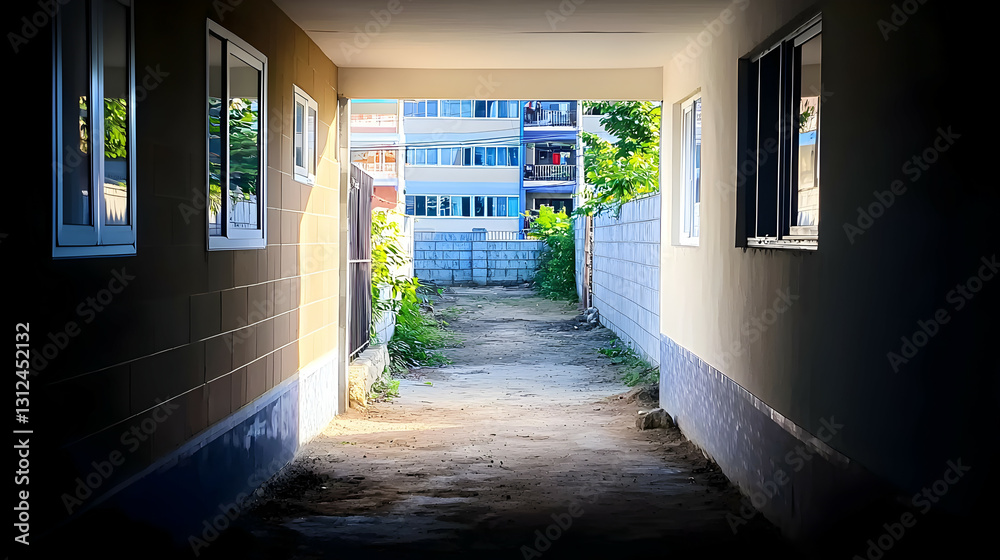 A long tunnel leading to a view of buildings outside