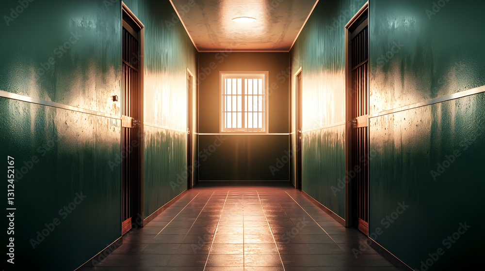 A long hallway of a building with cell doors and a window