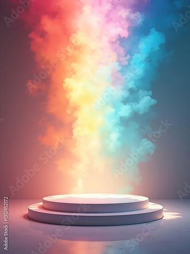 vertical colorful template for holi festival, empty podium in the center of the room with colorful smoke
