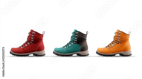 Three pairs of hiking boots in red, teal, and orange, isolated on white background.