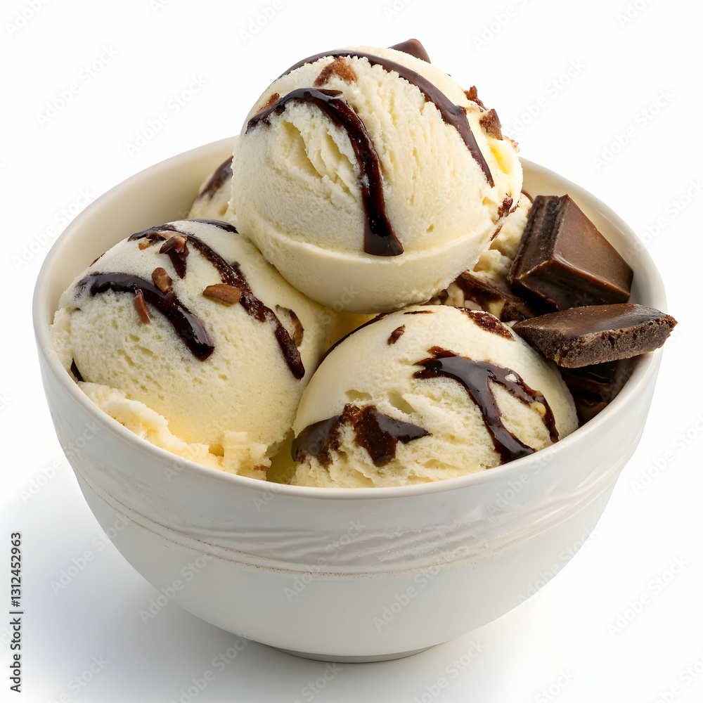 Delicious Vanilla Ice Cream with Chocolate Drizzle and Shavings Delicious Vanilla Ice Cream with Chocolate Drizzle and Shavings