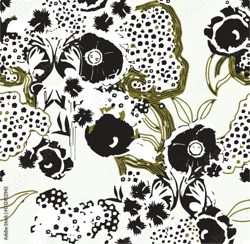 abstract, vector, monochrome, big flowers, all over textiles design, illustration digital image can be used for wrapping paper