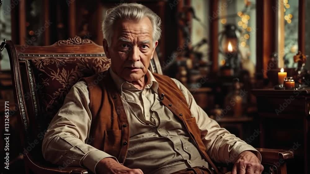 A man in a brown vest sits in a chair in front of a fireplace A man in a brown vest sits in a chair in front of a fireplace
