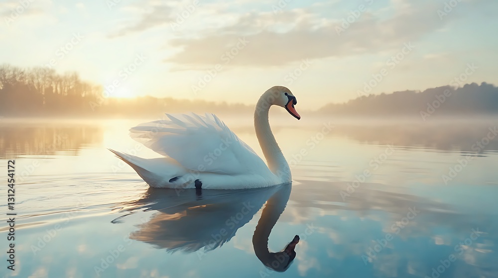 Fototapeta premium Calm Lake with Swan Swimming and Perfect Reflections