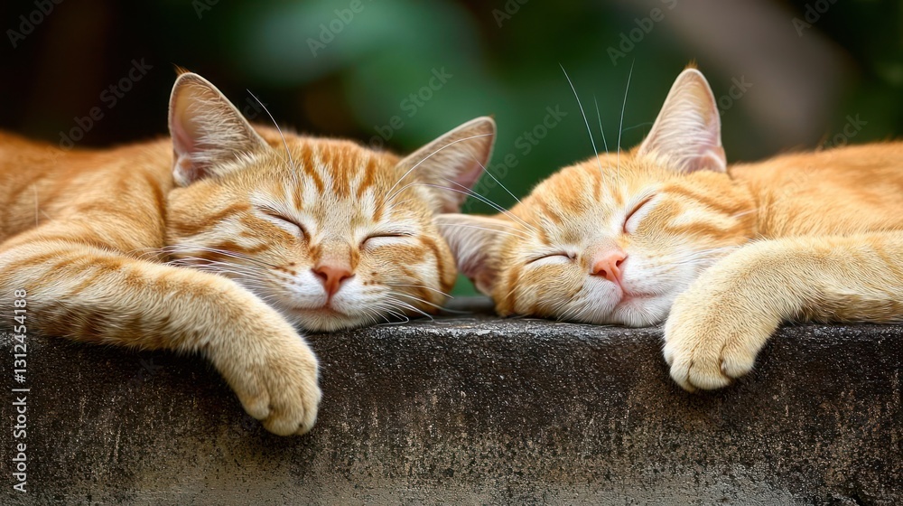 Obraz premium Two Orange Cats Sleeping Peacefully Together Outdoors