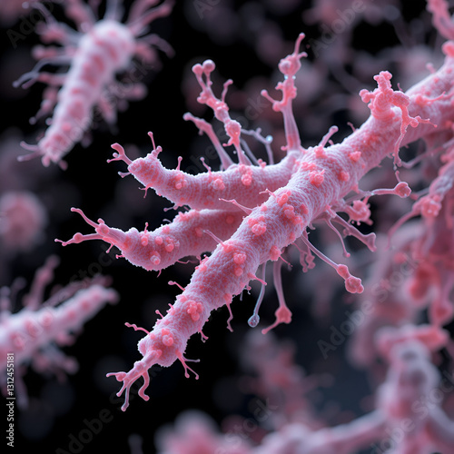 Nocardia bacteria, 3D illustration, close-up view. Nocardia are filamentous gram-positive bacteria which cause pulmonary infection nocardiosis and tropical infection of skin and bones called mycetoma photo