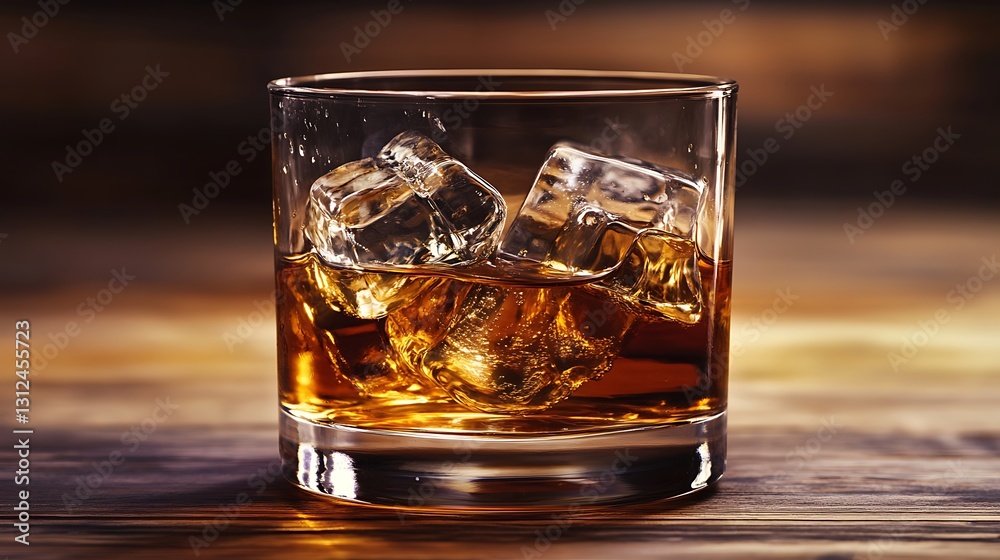 A glass of amber liquid with ice cubes inside A glass of amber liquid with ice cubes inside