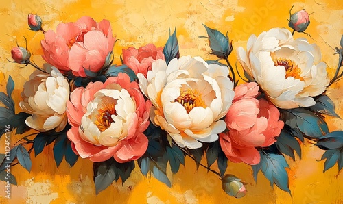 Fototapeta Naklejka Na Ścianę i Meble -  Vibrant peonies in full bloom on a textured yellow backdrop create a floral artwork