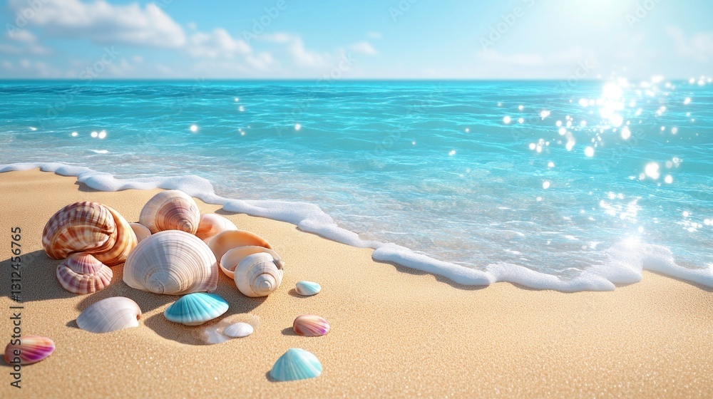 Several seashells rest near the ocean shoreline with clear blue waters Several seashells rest near the ocean shoreline with clear blue waters