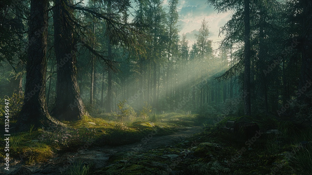 Fototapeta premium Sunbeams illuminate a misty forest path.