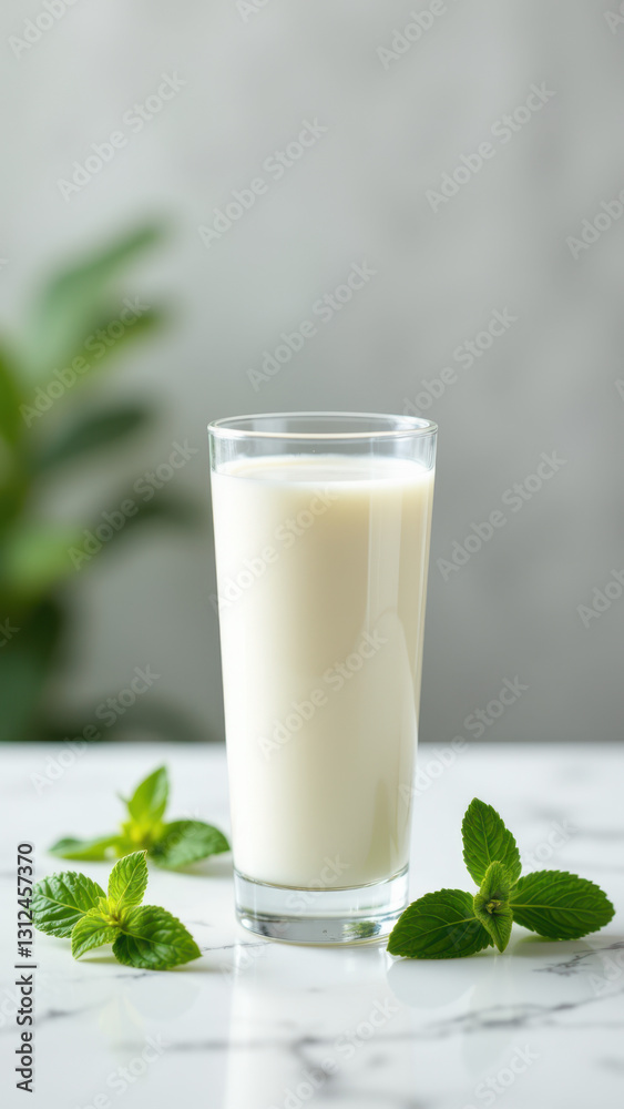 A tall glass of frothy milk with a hint of mint on a marble surface. A tall glass of frothy milk with a hint of mint on a marble surface.